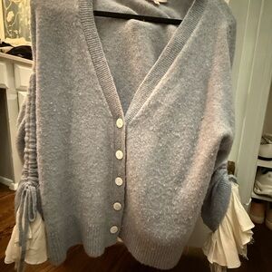 Cinq a Sept Light Pale Blue Wool  Cardigan with cream silk and lace accent sle